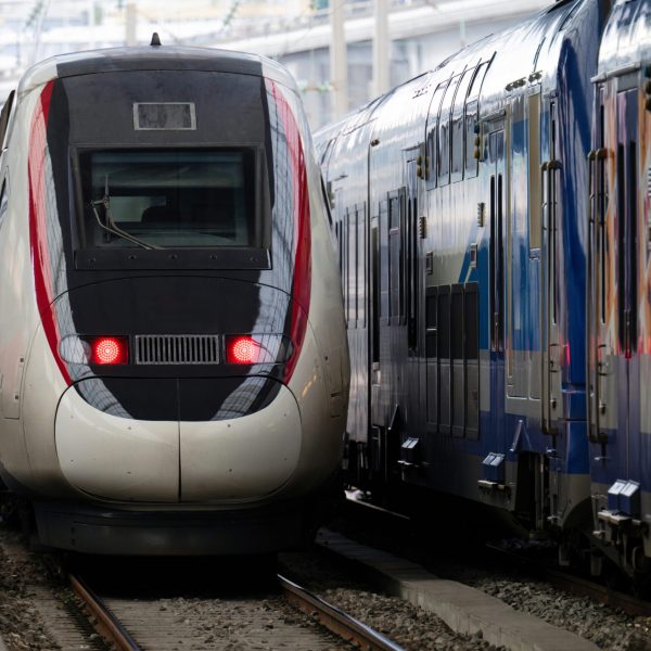 Red and blue trains stationing at the station of Nice, France, red lights